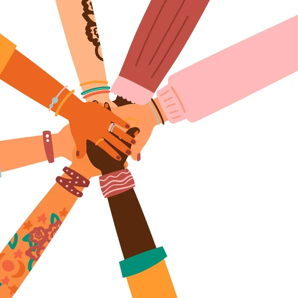 Las manos juntas - el juego de las razas diferentes ha levantado las manos. El concepto de educación, formación empresarial, voluntariado de caridad, fiesta . — Archivo Imágenes Vectoriales