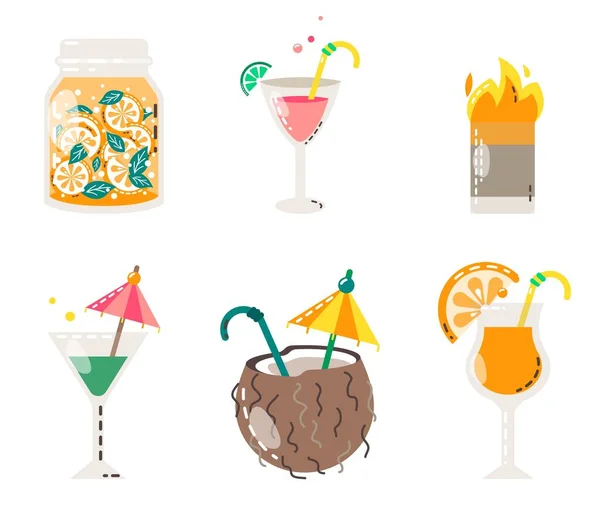 El yapımı içkiler, yaz tatili ve plaj partisi için kokteyller. Vektör seti.