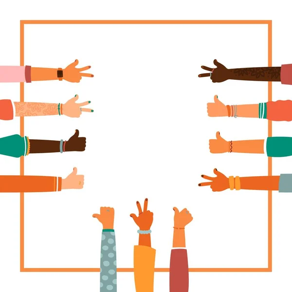 Hands together - set of different races raised up hands. The concept of education, business training, volunteering charity, party. — Stock Vector