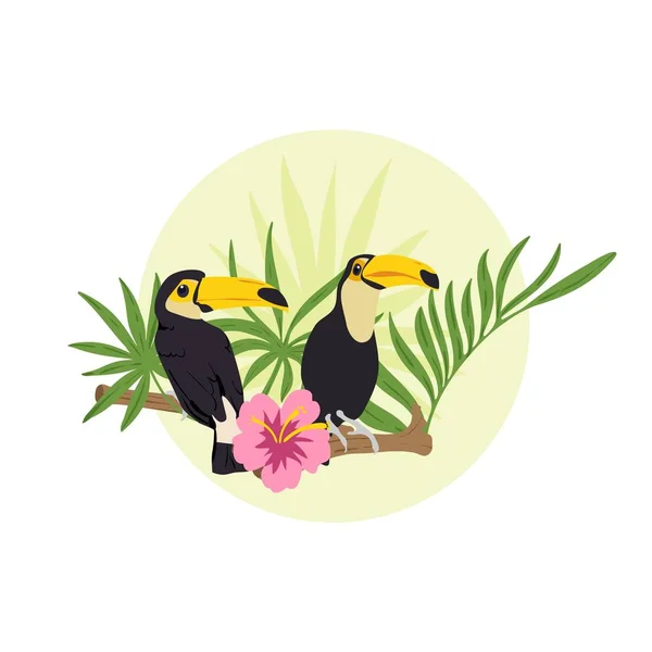 Un par de tucanes sentados en la rama de la selva. Ilustración vectorial — Vector de stock