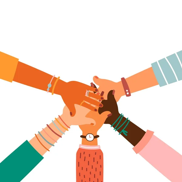 El ele tutuşun. Farklı ırklar el kaldırsın. Eğitim konsepti, iş eğitimi, gönüllü hayır işi, parti.