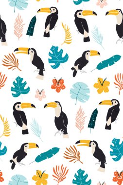 Tropik arka plan. Toucan Kuşu, Kaktüs, Çiçekler. Kusursuz Desen.