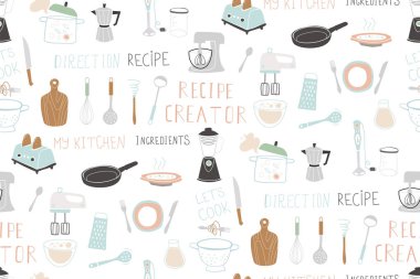 Kitchen doodle vector icon set. For modern recipe card template set for cookbook. clipart