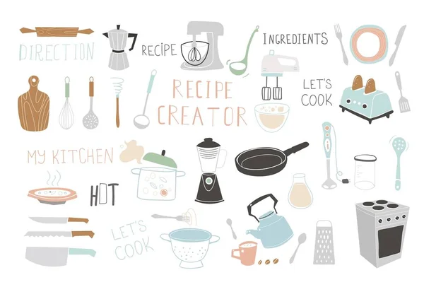 Keuken doodle vector icoon set. Voor moderne recept kaart sjabloon set voor kookboek. — Stockvector