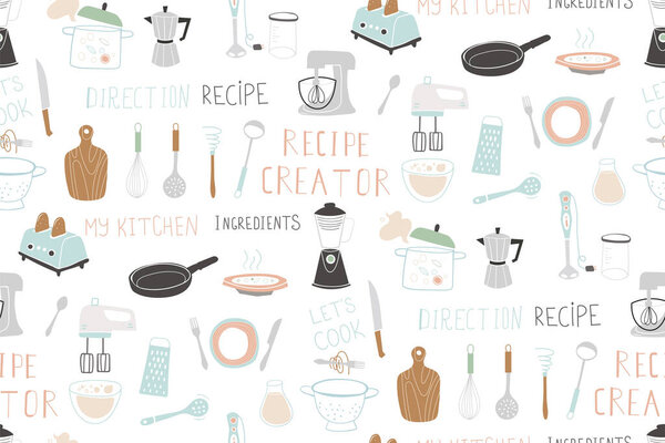 Kitchen doodle vector icon set. For modern recipe card template set for cookbook.