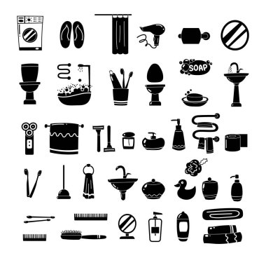 Banyo aksesuarları siyah beyaz ikonlar. Beyaz arkaplanda vektör illüstrasyonu