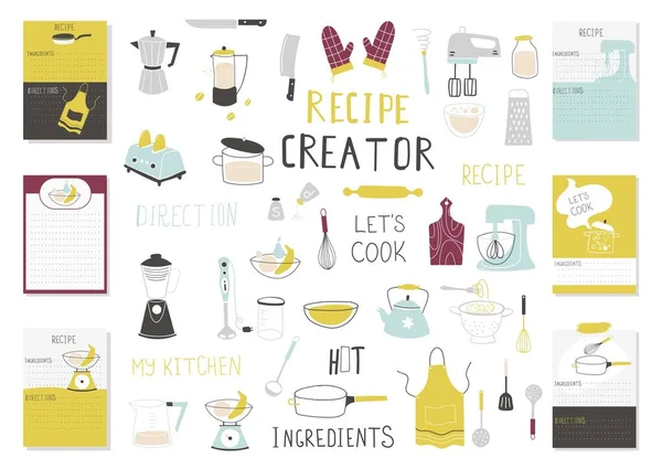 Yemek kitabı için Büyük Tarif Yaratıcısı şablonu ayarlandı. Menü Oluşturucu Vektör İllüstrasyonu