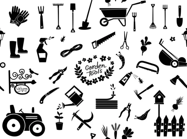 Büyük bahçe desenleri dizayn ve tasarım elementleri. Bahçe araçları ve dekor koleksiyonu, beyaz arkaplan üzerinde izole kalıp.