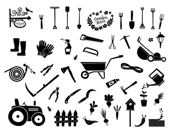 Büyük bahçe ikonları seti ve tasarım elementleri. Bahçe araçları ve dekor koleksiyonu, beyaz arkaplan üzerindeki izole vektör.