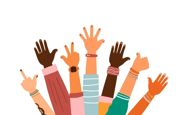 Farklı jestlerle renklendirilmiş eller, vektör illüstrasyonu