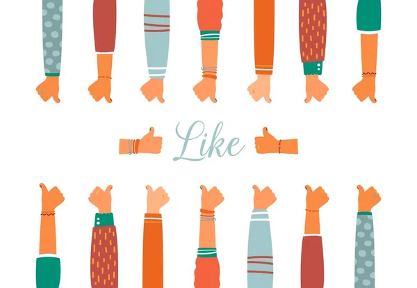 Baş parmaklar, jestler ve vektör illüstrasyonuyla renkli eller ayarlandı