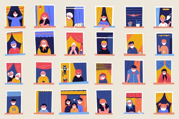 Evde motivasyon pankartı olarak kal. Penceredeki insanlar karantina yüzünden evde kalıyor, çalışıyor, çalışıyor, gitar çalıyor, kitap okuyor. Tuğla evler önde.