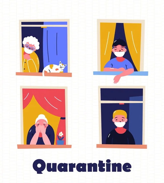 Evde motivasyon pankartı olarak kal. Pencerelerdeki insanlar karantina, çalışma, çalışma, gitar çalma ve okuma nedeniyle evlerinde kalıyorlar..