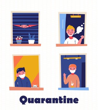 Evde motivasyon pankartı olarak kal. Penceredeki insanlar karantina nedeniyle evde kalıyorlar.