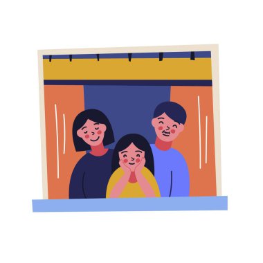 Evde motivasyon pankartı olarak kal. Penceredeki insanlar karantina nedeniyle evde kalıyorlar.