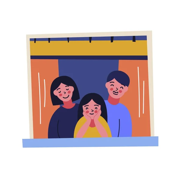 Evde motivasyon pankartı olarak kal. Penceredeki insanlar karantina nedeniyle evde kalıyorlar.