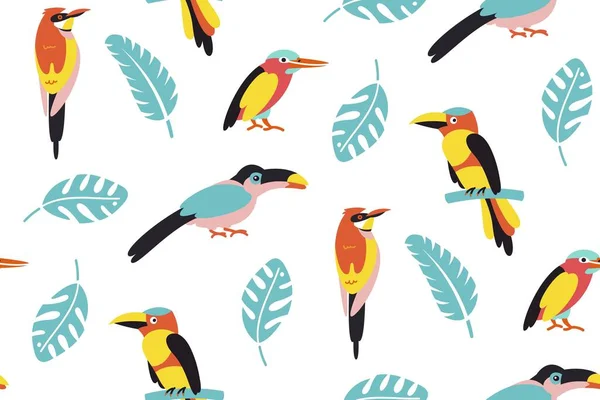 Patrón de aves tropicales. Brillantes aves tropicales exóticas. Guacamayo, cacatúa, flamenco, tucán. Vector . — Vector de stock