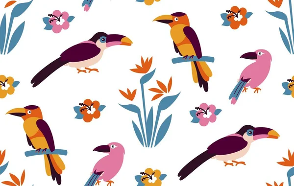 Patrón de aves tropicales. Brillantes aves tropicales exóticas. Guacamayo, cacatúa, flamenco, tucán . — Vector de stock