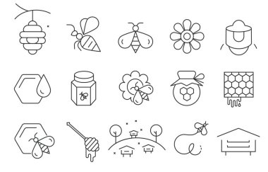 İnce çizgili düz vektör simgeleri. Mobil uygulamalar için ayarlandı. Bal ve arıcılık