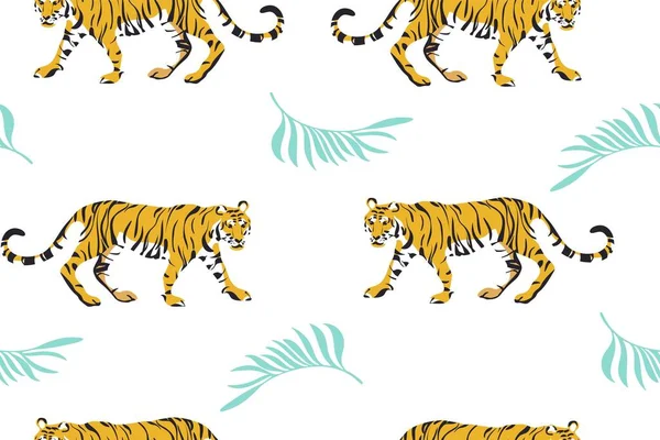 Patrón sin costura vectorial con tigres lindos en el fondo blanco. Show de animales de circo. Diseño de tela de moda . — Vector de stock