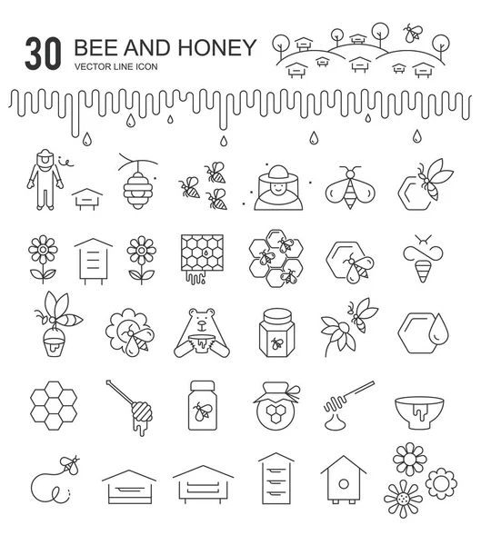 Zestaw cienkich ikon wektora pszczół i miodu — Wektor stockowy