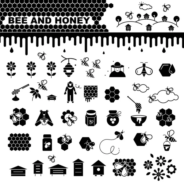 Bijen en honing vector pictogrammen ingesteld — Stockvector
