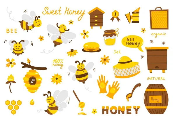 Arı seti, bal, harfler ve diğer arıcılık illüstrasyonları. Vektör EPS10