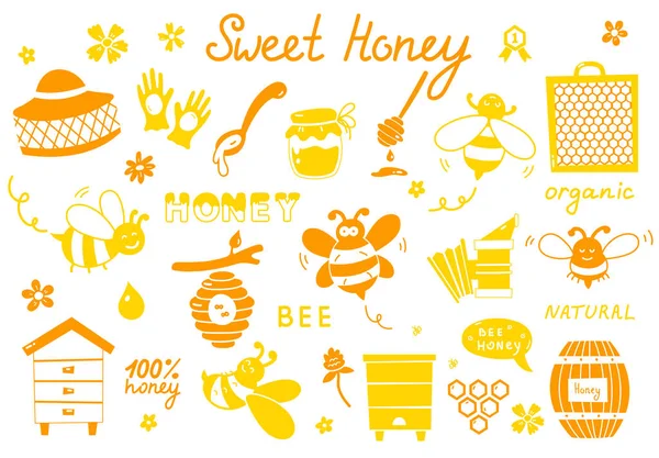 Set of bee, honey, lettering and other beekeeping illustration. Vector EPS10 Royalty Free Stock Illustrations