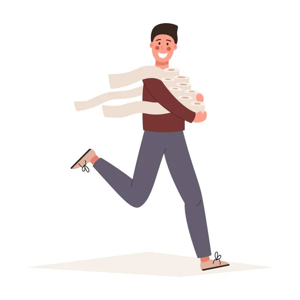 Süpermarkette panik içinde alışveriş yapan bir adam koronavirüs krizi nedeniyle tuvalet kağıdı toptan alıyor. covid-19 salgın konsepti.