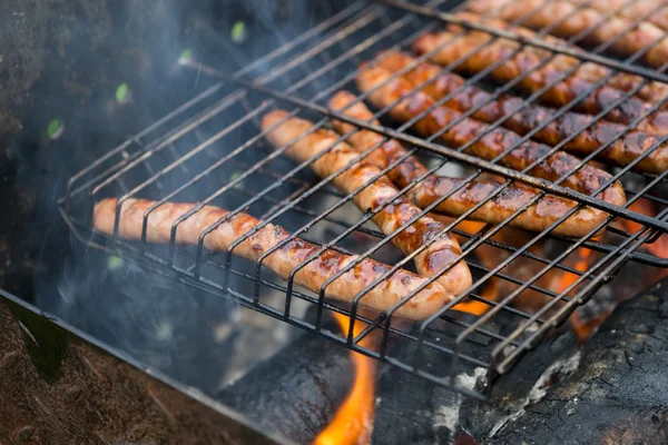 Picnic en la naturaleza con salchichas alemanas en la parrilla — Foto de Stock