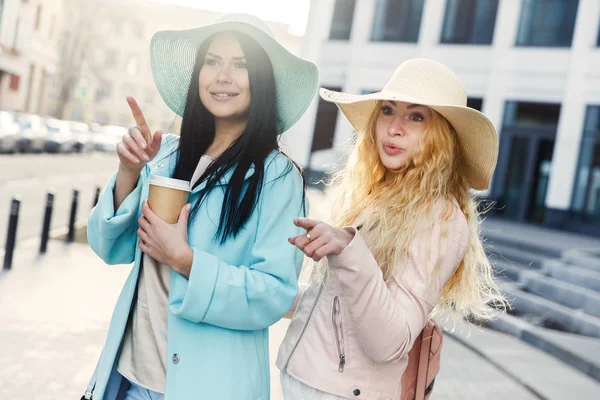 Gelukkig langharige vriendinnen in hoeden — Stockfoto