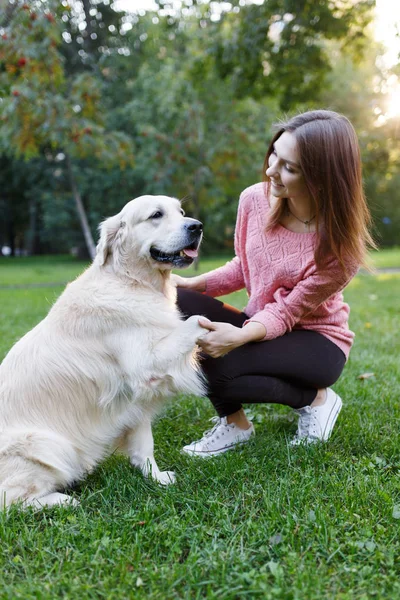 Photo of woman with dog on lawn in summer park — Stock Photo, Image