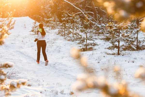 Vissza a sportoló fut át téli erdő fotó — Stock Fotó