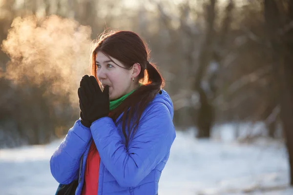 Obrázek bruneta oteplování ruce v zimě v lese — Stock fotografie