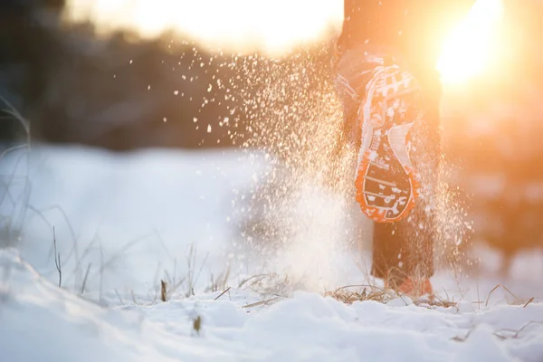 Kép mögül ember futó cipők, a havas erdőben — Stock Fotó