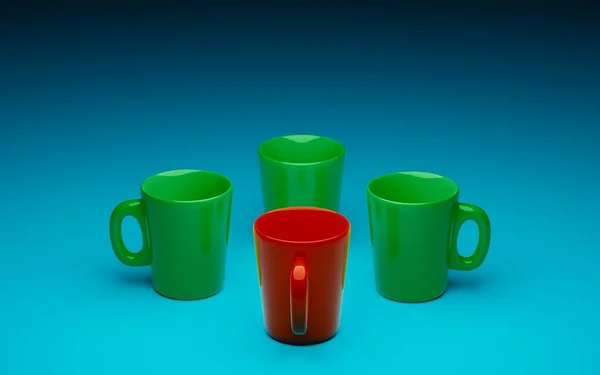 Cztery kubki do kawy o różnych kolorach. renderowania 3D — Zdjęcie stockowe