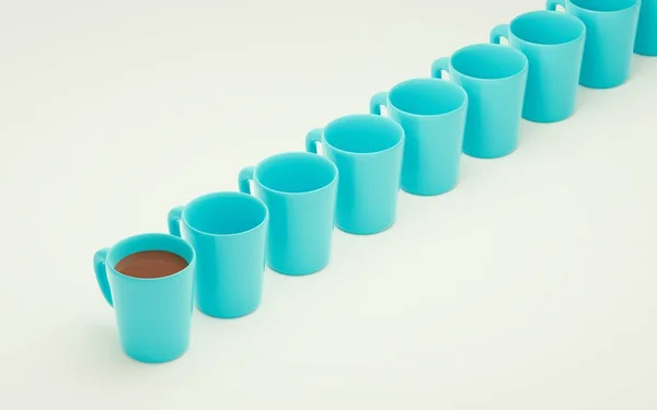 Много кофейных кружек стоят в ряд. 3d-рендеринг — стоковое фото
