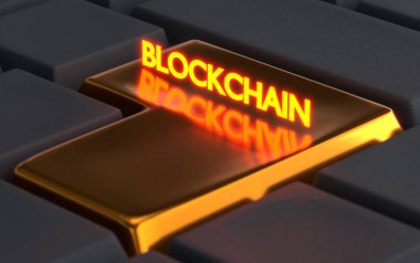 Klavye arka plan üzerinde yazıt blockchain. 3D render