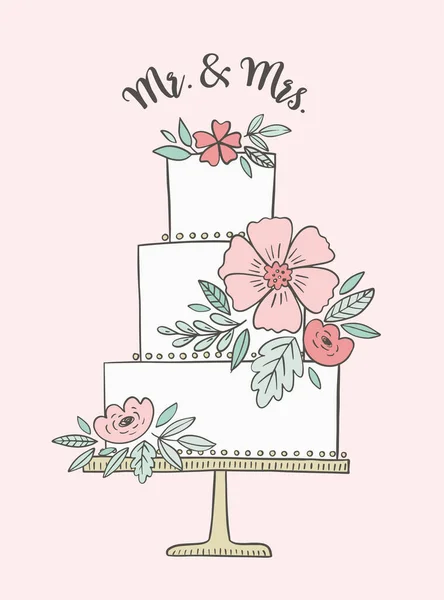 Illustration de gâteau de mariage avec phrase Mr et Mrs. Dessin vectoriel pour invitations et cartes de voeux. Gâteau floral romantique . — Image vectorielle