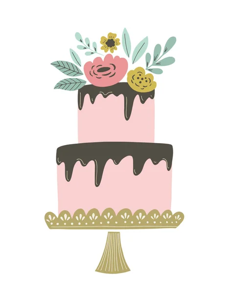 Ilustración de pastel de boda con glaseado de chocolate y decoración floral. Pastel de boda o cumpleaños vintage retro para invitaciones, tarjetas de felicitación y otros . — Vector de stock