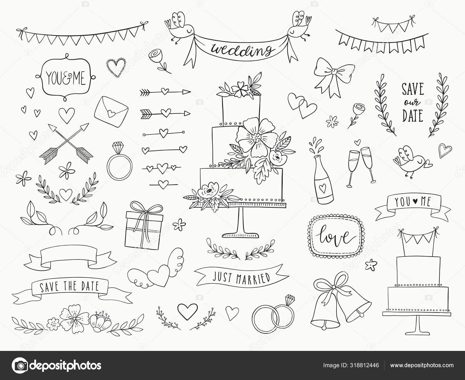 Håndtegnet doodle bryllup kollektion. Vector bryllup ikoner, illustrationer  og design elementer til invitationer, lykønskningskort, plakater. Pile,  hjerter, laurbær, kranse, bånd, blomster, bannere . Stockvektor af  ©motonika 318812446, image size:1600x1306