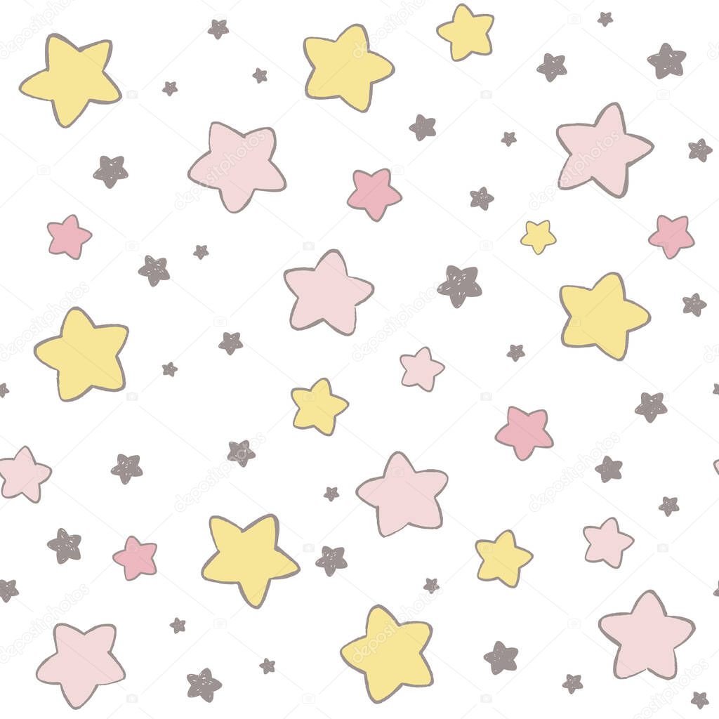 Cute stars vector pattern. Hand drawn doodle night sky seamless background in pastel colors.