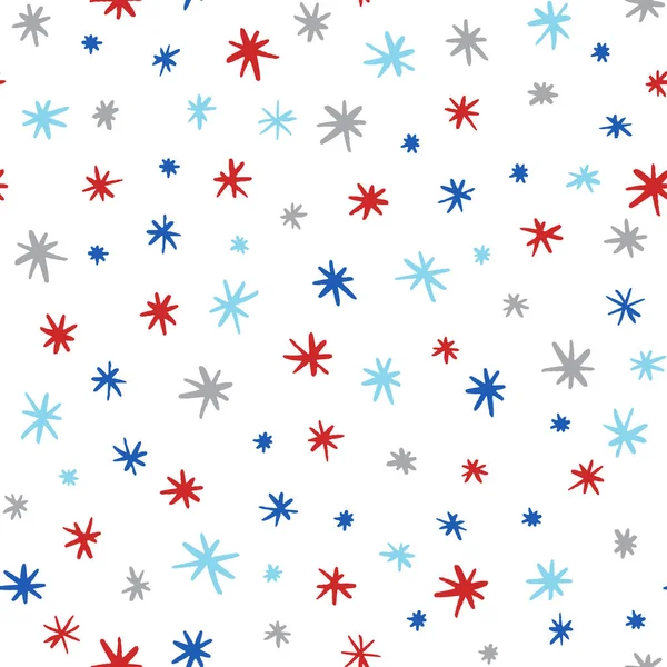 Patrón de vectores de estrellas Doodle en invierno, colores navideños. Copos de nieve dibujados a mano fondo sin costuras . — Vector de stock