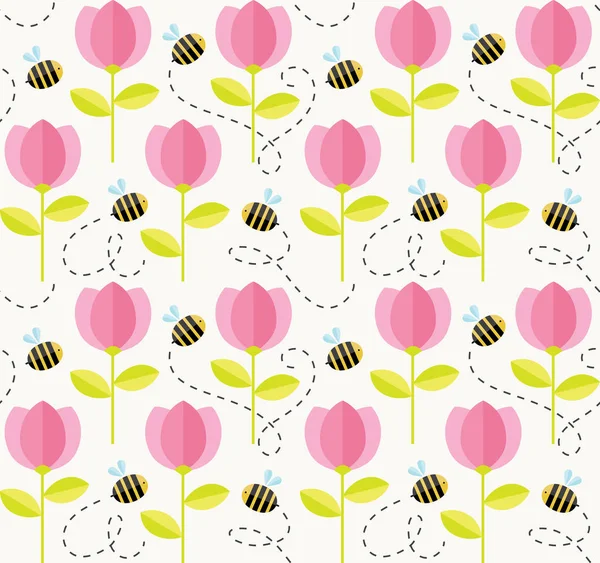Patrón de verano de abejas y flores. Fondo floral inconsútil con abejas en estilo plano gráfico de dibujos animados . — Archivo Imágenes Vectoriales