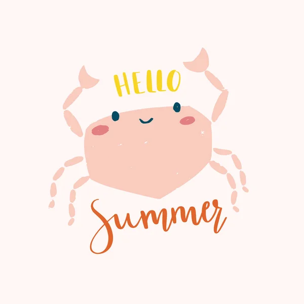 Cute crab illustration with phrase Hello Summer. Design for cards, posters, clothing. — Stock Vector