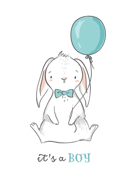 It s a boy. Cute bunny holding a blue balloon. Baby shower invitation card. Nursery wall art. — Stock Vector