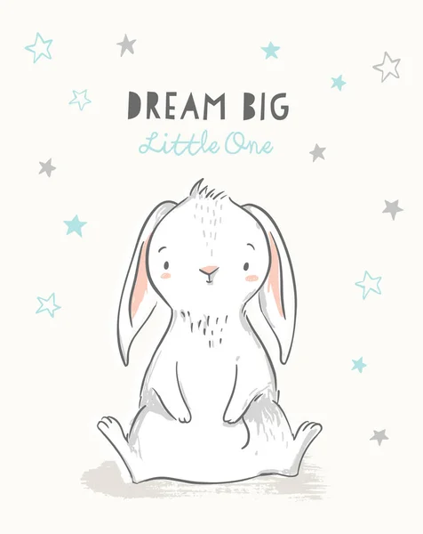Söt kanin i handritad stil med stjärnor och fras Dream Big One. Baby, barn affisch, väggkonst, kort, baby shower invitaton. — Stock vektor