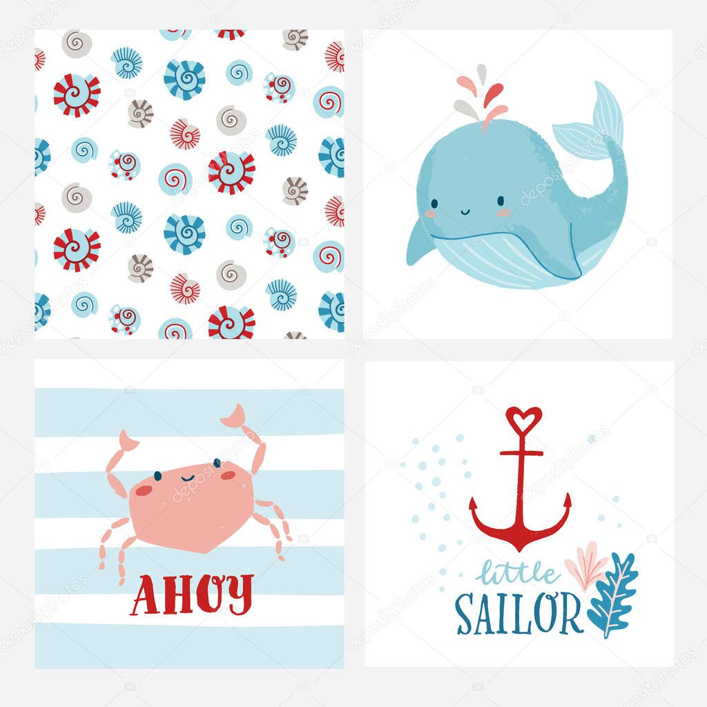 Conjunto de tarjetas lindas o carteles para vivero, cuarto de los niños  incluyendo ballena, cangrejo, patrón, image size:1024x1024