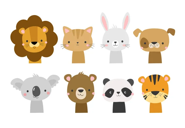 Милые лица животных в мультяшном стиле ручной работы. Векторная иллюстрация персонажа для ребенка, детская открытка, плакат, приглашение, одежда, декор детской. Коала, лев, собака, кролик, медведь, панда, тигр, кот . — стоковый вектор