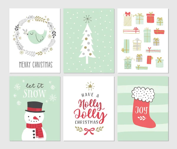 Ωραίες Χριστουγεννιάτικες κάρτες. Χειροποίητες εικόνες και χαιρετισμοί. Εικονογράφηση διάνυσμα του πουλιού, περιστέρι ειρήνης, χιονάνθρωπος, κάλτσα, χριστουγεννιάτικο δέντρο, νιφάδες χιονιού, στεφάνι χειμώνα, κουτιά δώρων. — Διανυσματικό Αρχείο